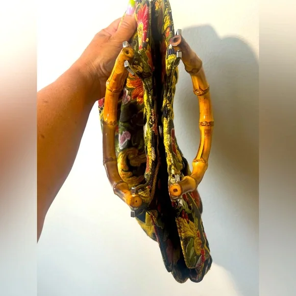 Talbots Vintage Floral Tapestry Satchel Handbag with Stained Bamboo Handles - Picture 9 of 14